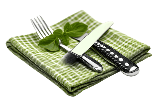Elegant Cutlery Set on Green Napkin with Herbs png