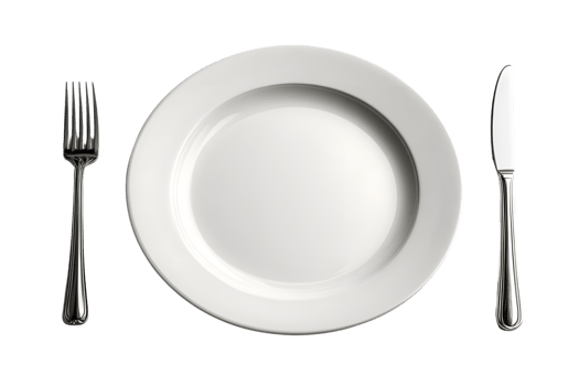 Elegant Table Setting with White Plate Fork and Knife on Black Background png