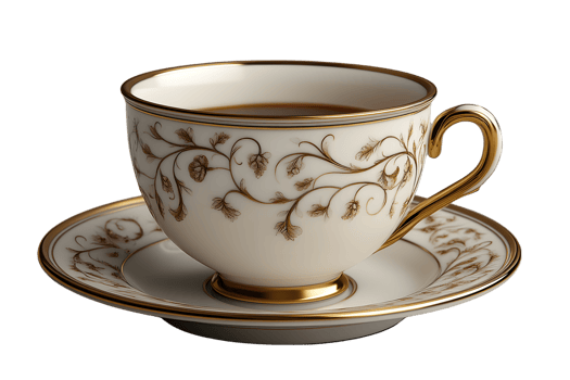 Elegant Teacup with Intricate Floral Design on a Saucer Perfect for Luxury and Vintage Themes png