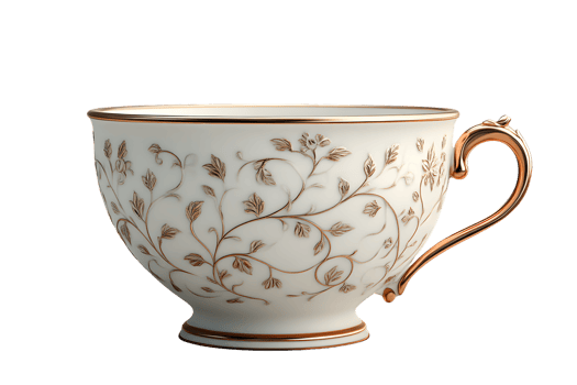 Elegant White Ceramic Cup with Intricate Gold Floral Design Perfect for Luxury and Vintage The png
