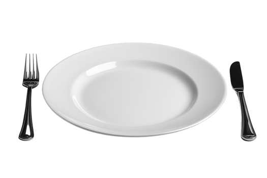 Empty White Plate with Fork and Knife on Black Background Tableware Dining Setup Food Prese png