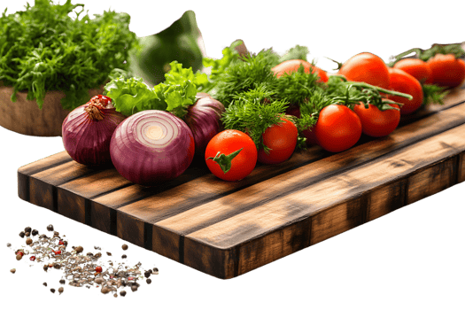 Fresh Vegetables and Herbs on Wooden Cutting Board png