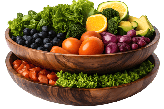 Healthy fruit and vegetable mix in wooden bowl png