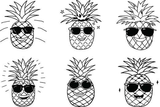 Collection of doodle style pineapple characters with sunglasses illustration vector