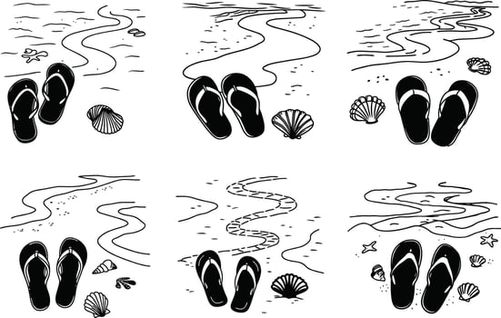 Beach theme seamless pattern with flip flops and seashells in black and white vector