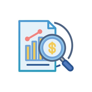 Financial analysis icon with magnifying glass and graph vector