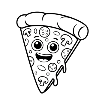 Cute Pizza Slice Cartoon Illustration. Funny Coloring Page Design for Kids and Pizza Lovers. Black and White Doodle Art with Cheesy Toppings png