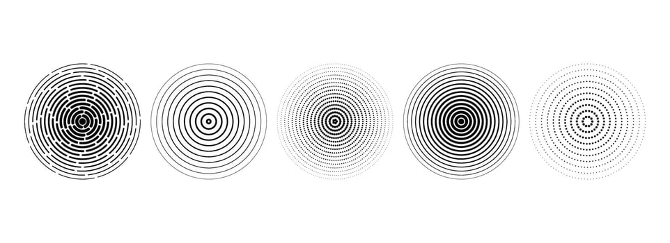 Black linear concentric circle set. Dotted and dashed round sound wave collection. Epicenter, target, radar, sonar icon concept. Radial radio signal or vibration element pack. Halftone symbols vector