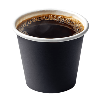 Single-serve dark coffee beverage in disposable paper cup. png