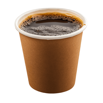 Paper cup filled with dark coffee beverage. png