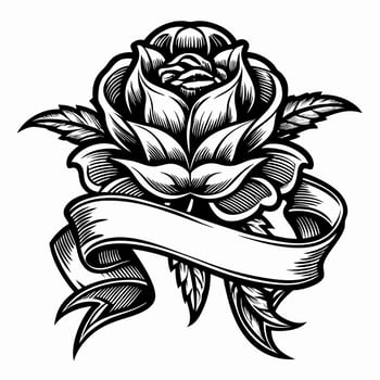 Vintage Black and White Rose with Banner Tattoo Design Illustration vector