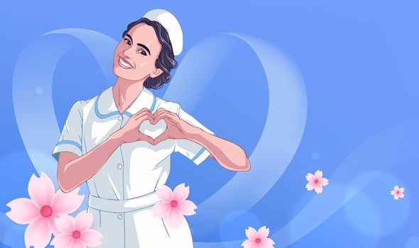 Nurse's Day horizontal illustration on the blue background of female nurses than love vector