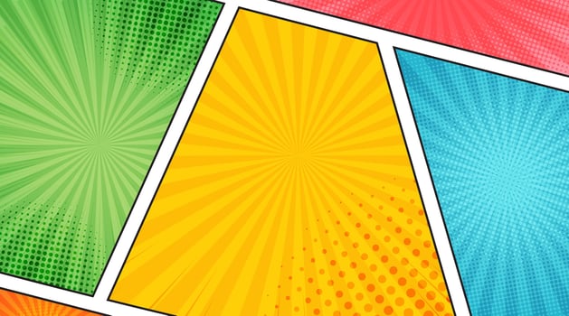 Comic book panel backgrounds. Red, yellow, blue and green halftone burst set vector