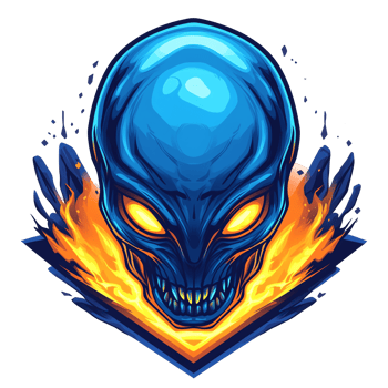 Fiery blue alien skull logo a striking design on transparent background for game brand or tech png