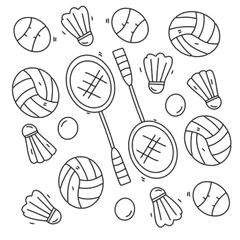 Hand drawn sports doodles with balls and rackets in sketch style vector
