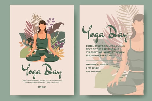 Yoga Day Poster Set. Girl Sitting in Lotus Position with Leaves and Branches in the Background. Woman is Doing Yoga, Practicing, Meditation. Flyer, banner, poster. International Illustration. vector