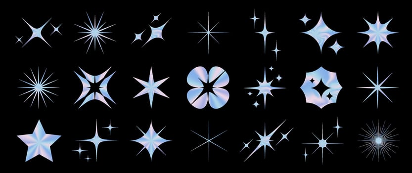 Collection of Holographic Stars and Geometric Labels. Iridescent Foil Star in Various Shapes with a Shimmering Rainbow Effect. Glossy and Vibrant Emblems. vector