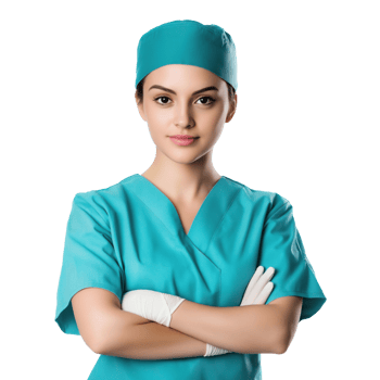 Portrait of a young female medical professional in teal scrubs and a cap, standing with arms crossed and wearing gloves, isolated on a transparent background png