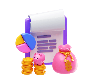 Financial report with pie chart and coins 3D png