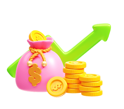 Money bag with coins and growing green arrow 3D illustration png