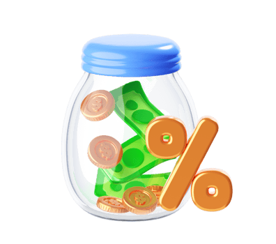 Savings jar with coins and percentage sign 3D icon png