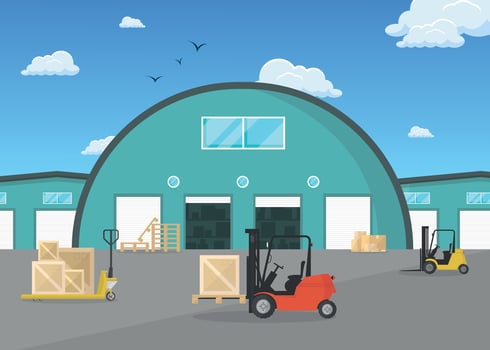 External view of warehouse buildings with forklifts, boxes, cargo trolley. Warehouse, logistics. vector
