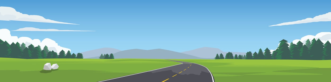 Horizontal or Landscape view illustration banner of asphalt road. Winding road leading straight to the valley. Green open fields and mountain under blue sky for background. vector