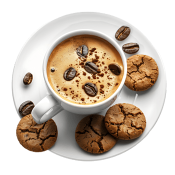 hot coffee and chocolate chip cookies arranged on a plate png