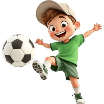 Dynamic Cartoon Boy Playing Soccer with Green Outfit png