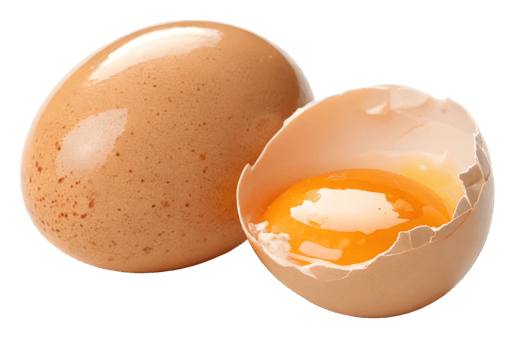 Close up of a whole brown egg next to a cracked egg showing the yolk on a transparent background studio shot png
