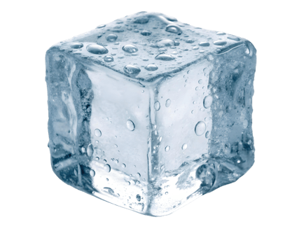 single ice cube with water droplets on its surface against a transparent background studio shot png
