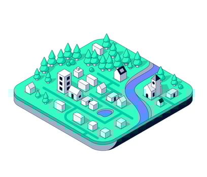Isometric Landscape from a Bird's Eye View. Village with houses, trees, river and church. Rural 3d Town with modern and traditional buildings. Countryside map Platform with nature and architecture vector