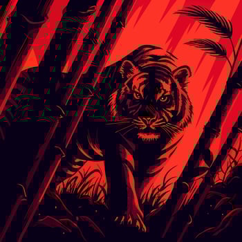 Tiger in Bamboo Forest, Red Graphic Art vector