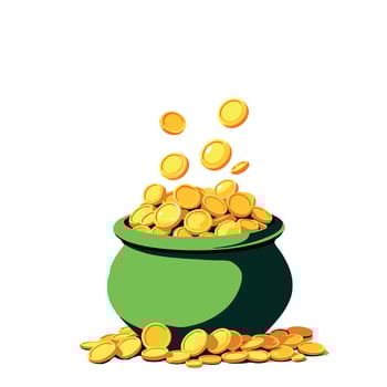 green pot overflowing with falling gold coins representing wealth and abundance vector