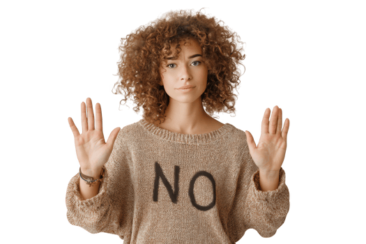 A woman with curly hair is making a no gesture png