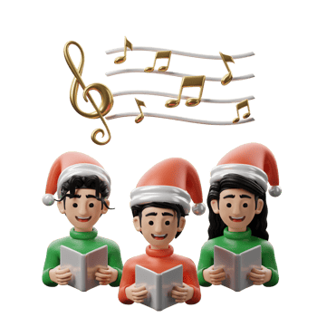 Three figurines of people wearing santa hats and singing png