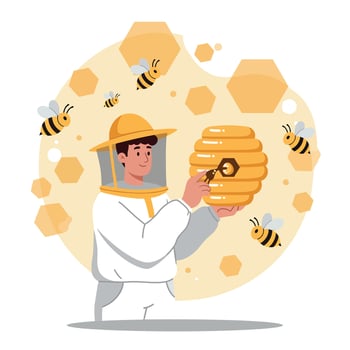 Beekeeper harvesting honey from beehive with bees and honeycombs illustration vector