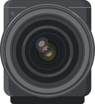 Camera lens front view illustration with detailed glass reflections and black housing vector