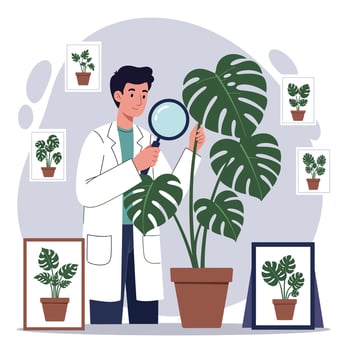 Botanist examining monstera plant with magnifying glass in indoor plant study environment vector