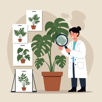 Female botanist examining monstera plant with magnifying glass in laboratory illustration vector