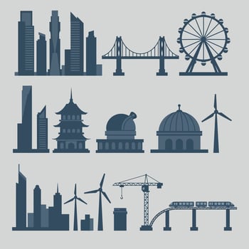 Urban city skyline with bridge ferris wheel wind turbines and construction crane illustration vector
