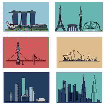 Famous World Landmarks Illustration Including Marina Bay Sands Eiffel Tower Sydney Opera House vector