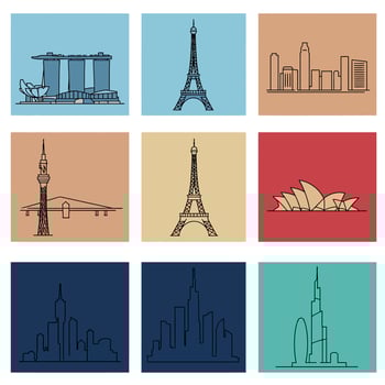 Iconic World Landmarks Set Including Eiffel Tower Sydney Opera House and Burj Khalifa vector