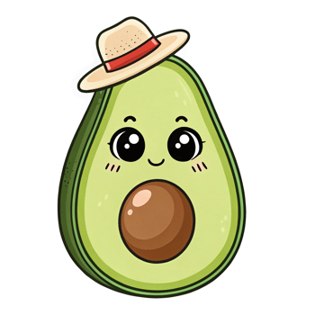 Cute Cartoon Avocado Character Wearing a Hat with Big Eyes and Smiling Expression png