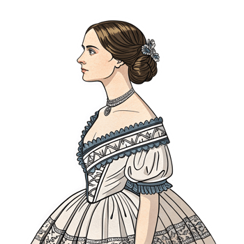 Elegant Victorian Woman Profile in Historical Dress with Floral Accents and Detailed Embroidery png