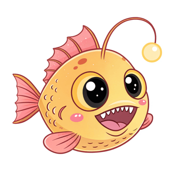 Cute Cartoon Anglerfish with Big Eyes and Smiling Face on Transparent Background png