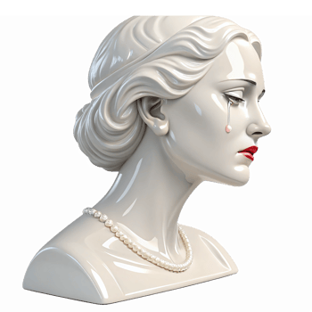 Elegant White Porcelain Female Bust Statue with Tear and Pearl Necklace on Transparent Background png