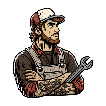 Skilled Mechanic with Wrench and Tattoos in Vintage Workwear on Transparent Background png