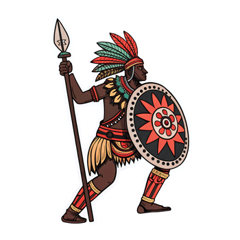 Warrior with Tribal Armor Spear and Shield in Vibrant Colors on Transparent Background png