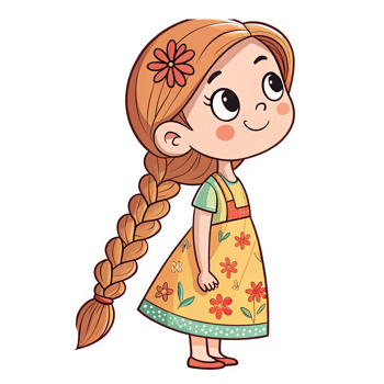 Cheerful Cartoon Girl with Long Braid in Floral Dress Creating Playful and Whimsical Vibe png